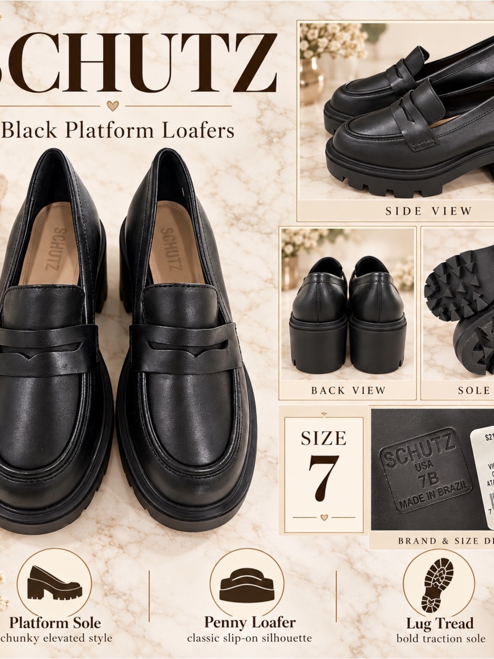 SCHUTZ Black Chunky Platform Penny Loafers